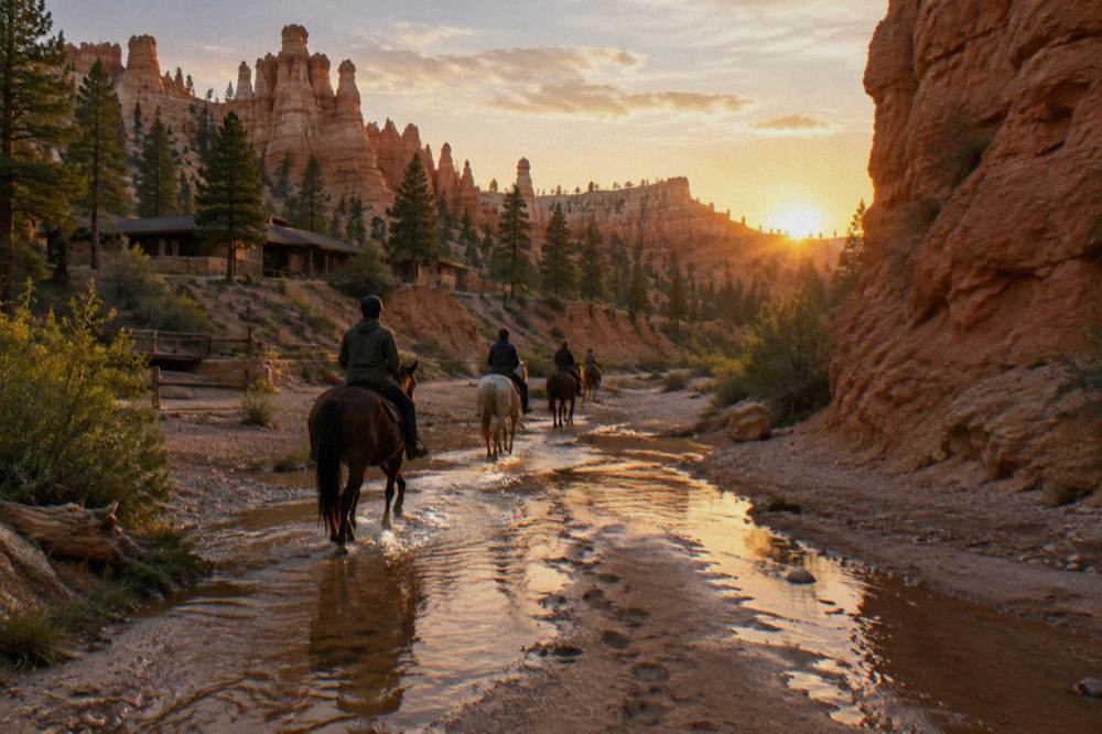 Riders on horseback crossing a shallow creek bed between red rock walls at golden hour
