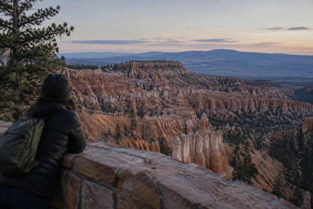 A canyon overlook at dusk with layered rock spires fading into blue distance under a pale sky