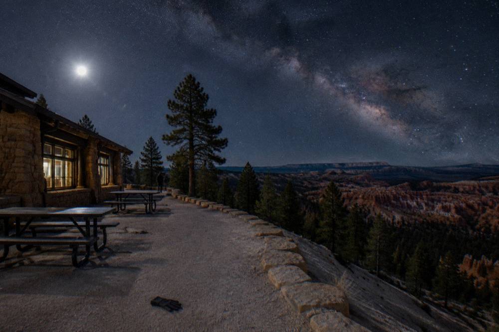 The Milky Way visible above a darkened ponderosa forest near the canyon rim