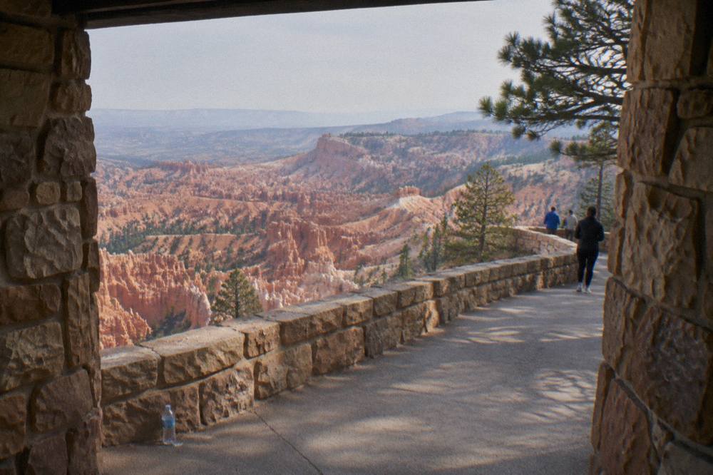A paved overlook walkway along the rim above the Bryce Amphitheater hoodoos