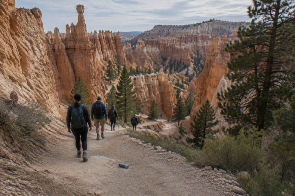 A group of hikers on a wide dirt trail winding between tall orange rock spires