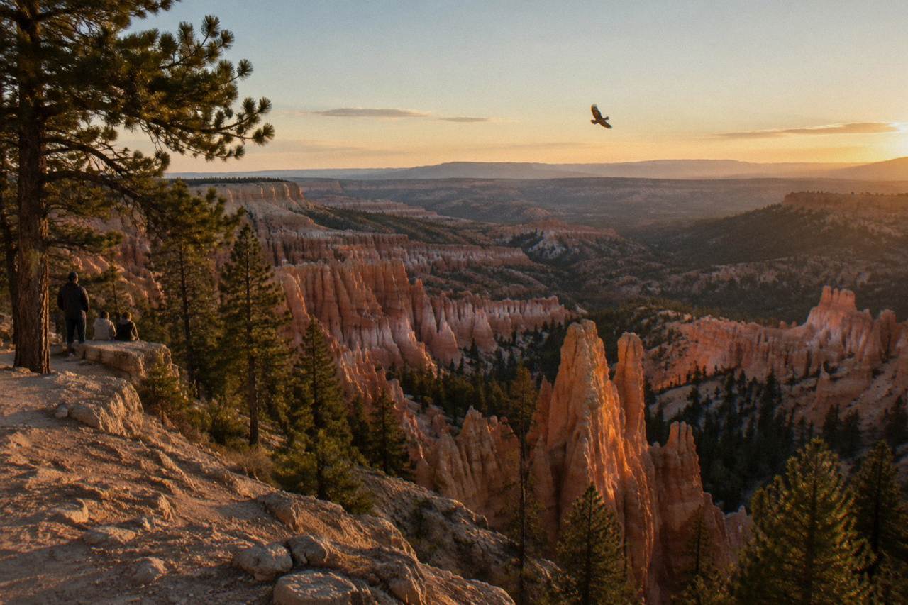 Hoodoo rock formations rising above pine trees along the Bryce Amphitheater rim at golden hour