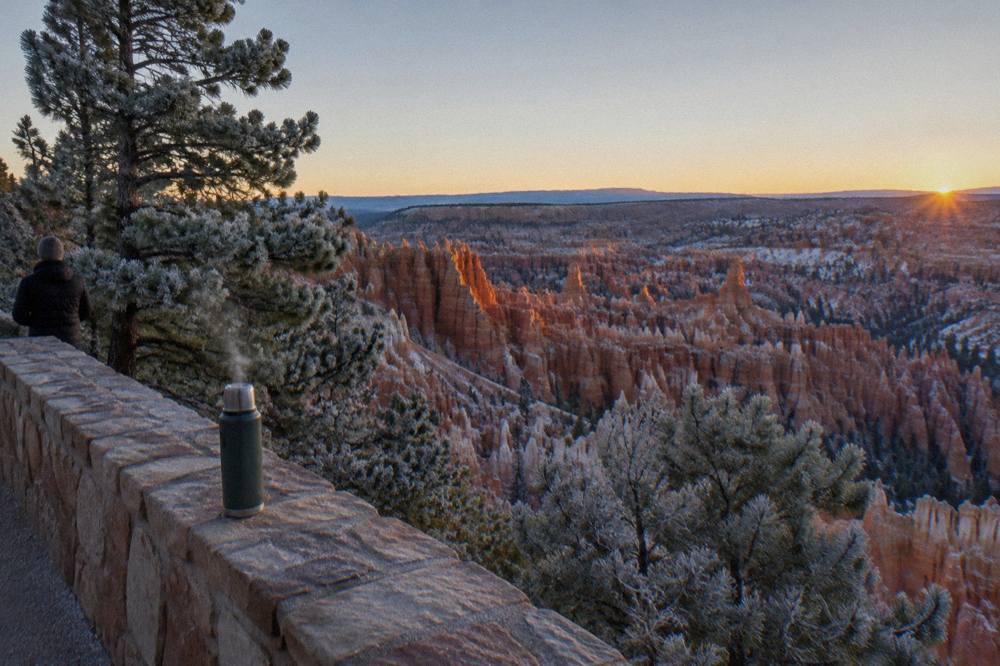 Sunrise light on hoodoo spires seen across the Bryce Amphitheater from a rim overlook