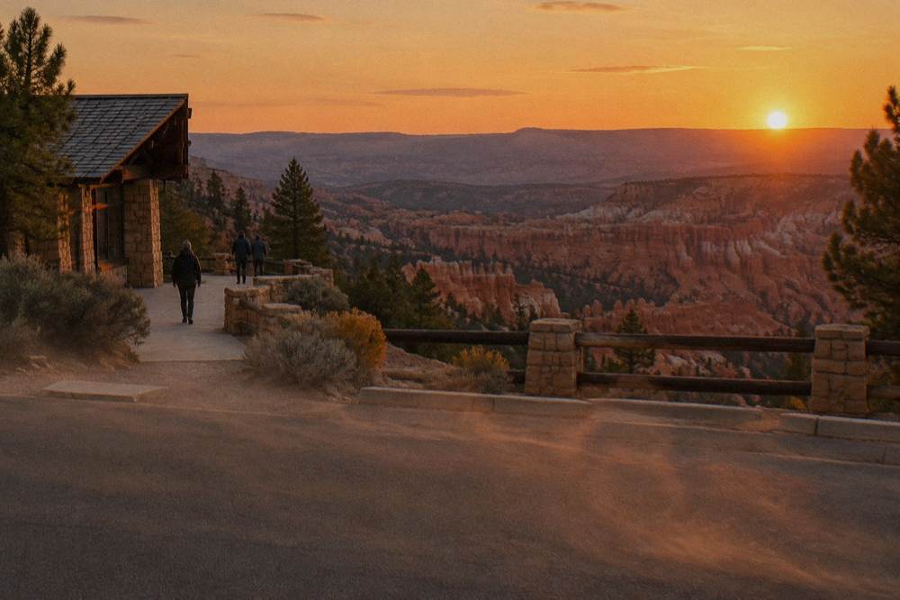 Sunset over layered rock formations along the Bryce Canyon scenic drive seen from a roadside pullout