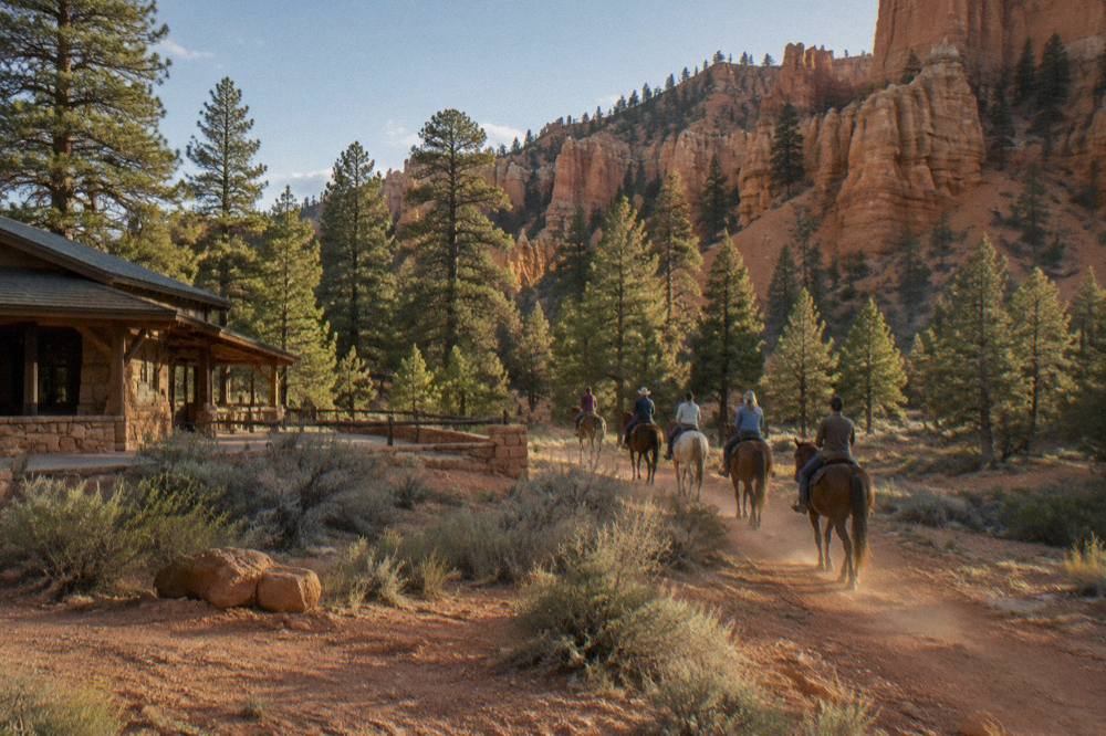 A guided line of riders on horseback crossing a red rock canyon floor beneath pine covered cliffs