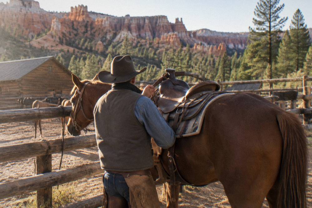 A wrangler adjusting a western saddle on a chestnut trail horse at a corral fence