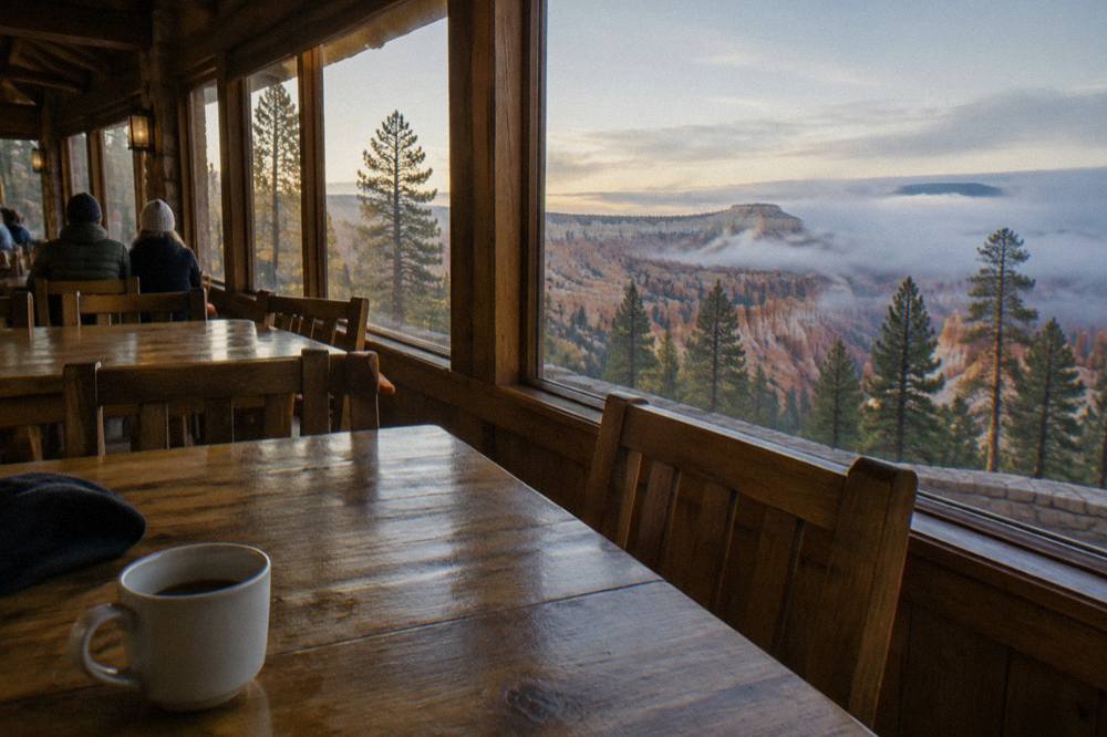 A rustic dining room with wooden tables and large windows facing a pine forest near the canyon rim