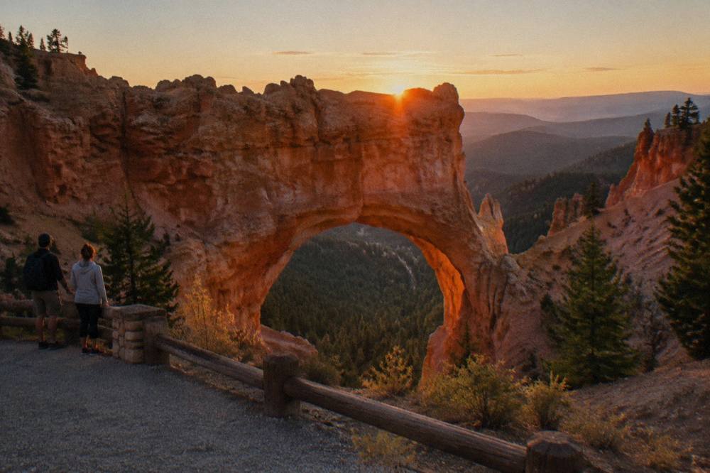 Sandstone arch framing a wide desert valley at golden hour