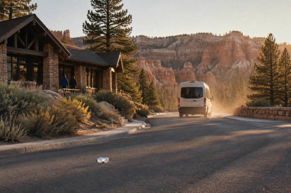 A touring van on a desert highway headed toward red rock cliffs