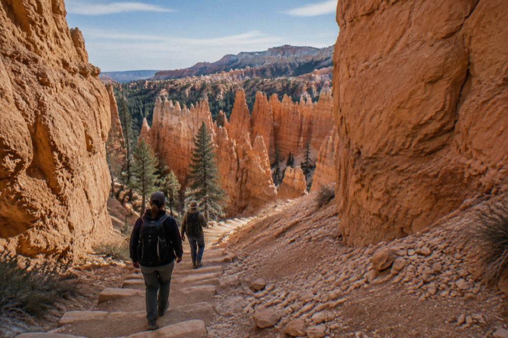 Hikers descending a switchback trail between tall orange rock spurs