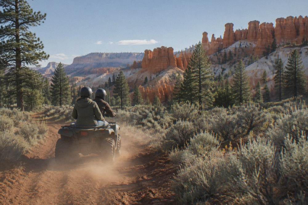 Riders in helmets on off-road vehicles on a red dirt trail