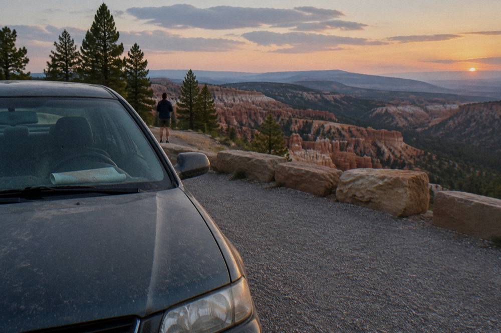 Car parked at a rim overlook with layered canyon formations stretching to the horizon