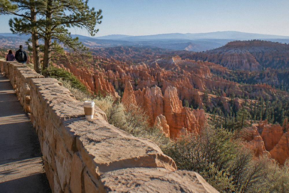 A paved rim overlook above rows of orange hoodoos receding into haze