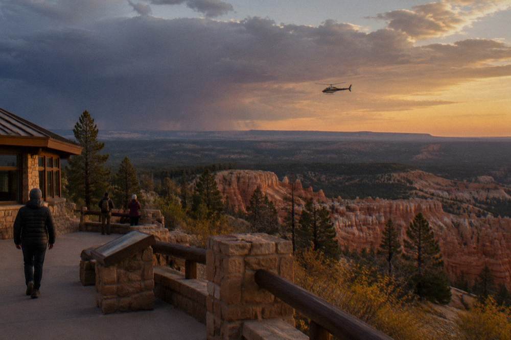Helicopter in flight above a wide red rock canyon landscape