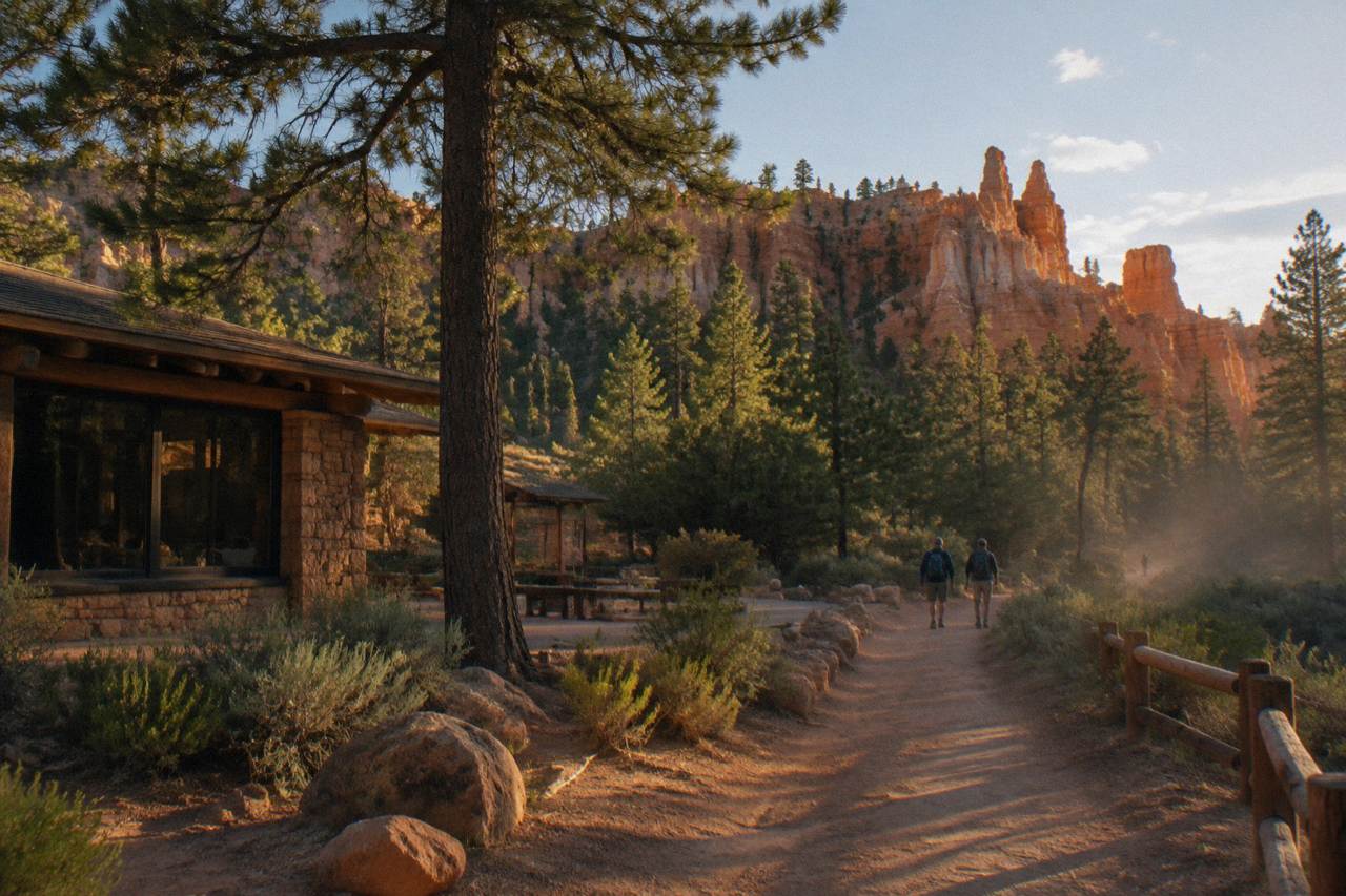 Red rock buttes and pine forest along a dirt trail near Bryce Canyon at golden hour