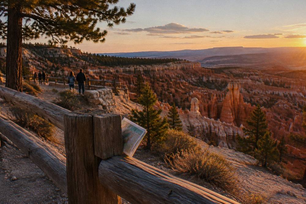 Golden evening light across a broad canyon rim with scattered pine trees and distant plateaus