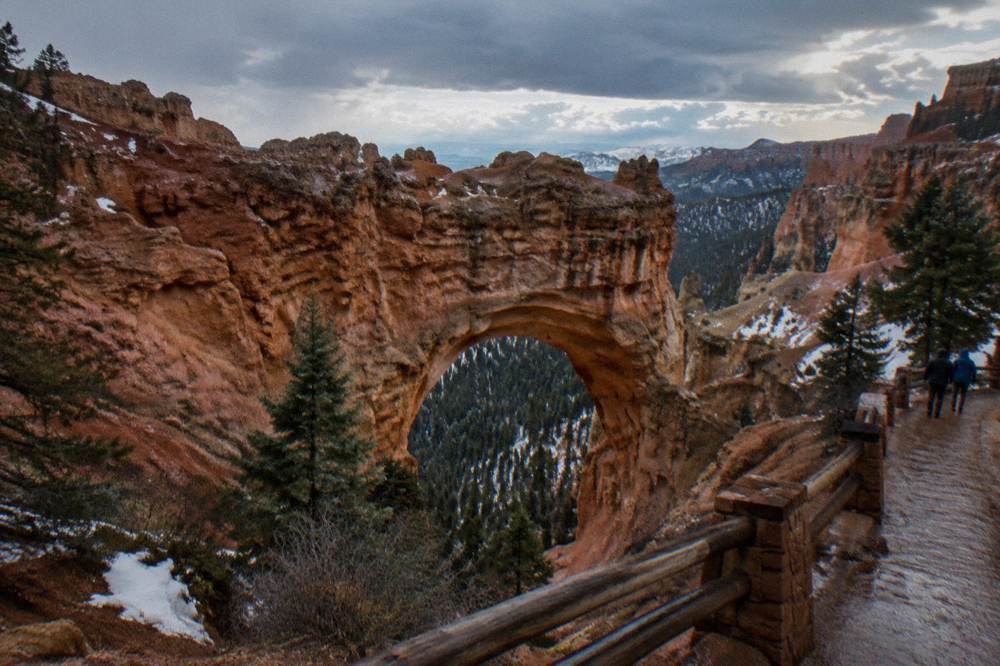 A large rock arch spanning a forested canyon wall under an open sky