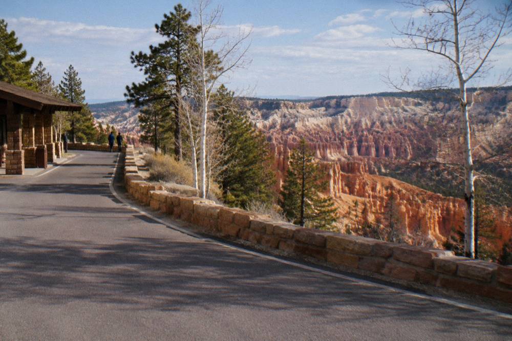 A view down the southern scenic drive at Bryce Canyon past forested overlooks
