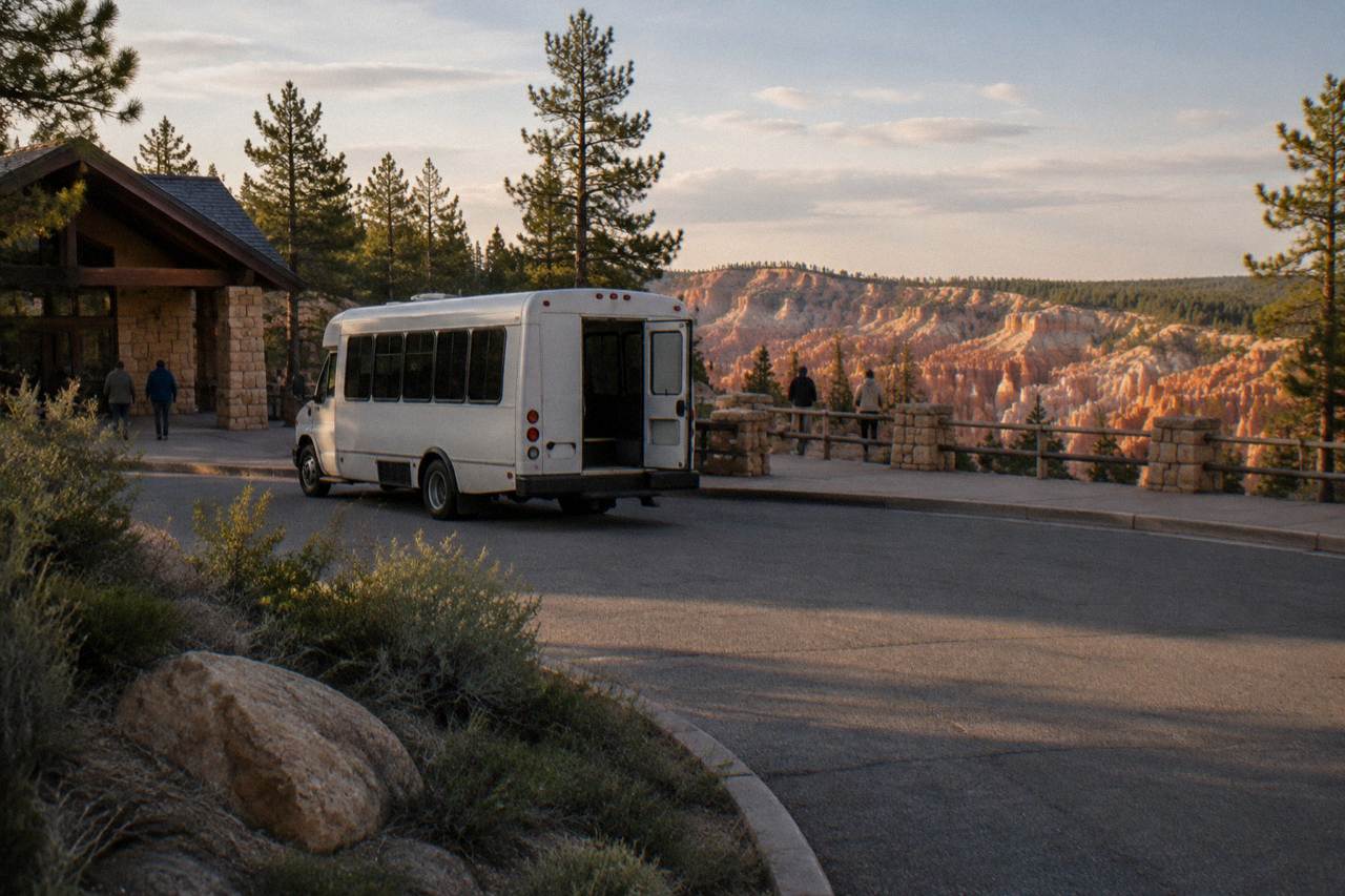 A shuttle bus parked at a Bryce Canyon overlook with pine forest and red rock hoodoos behind it