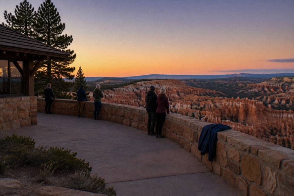 Visitors gathered at a canyon overlook under a fading twilight sky