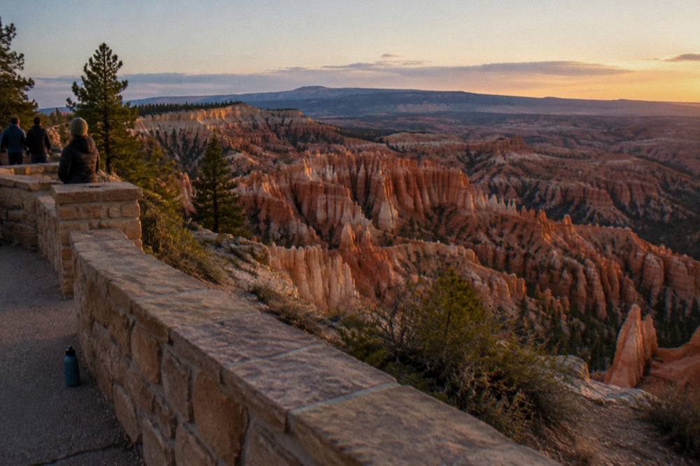 Golden evening light across a wide amphitheater of stone spires seen from a rim viewpoint.