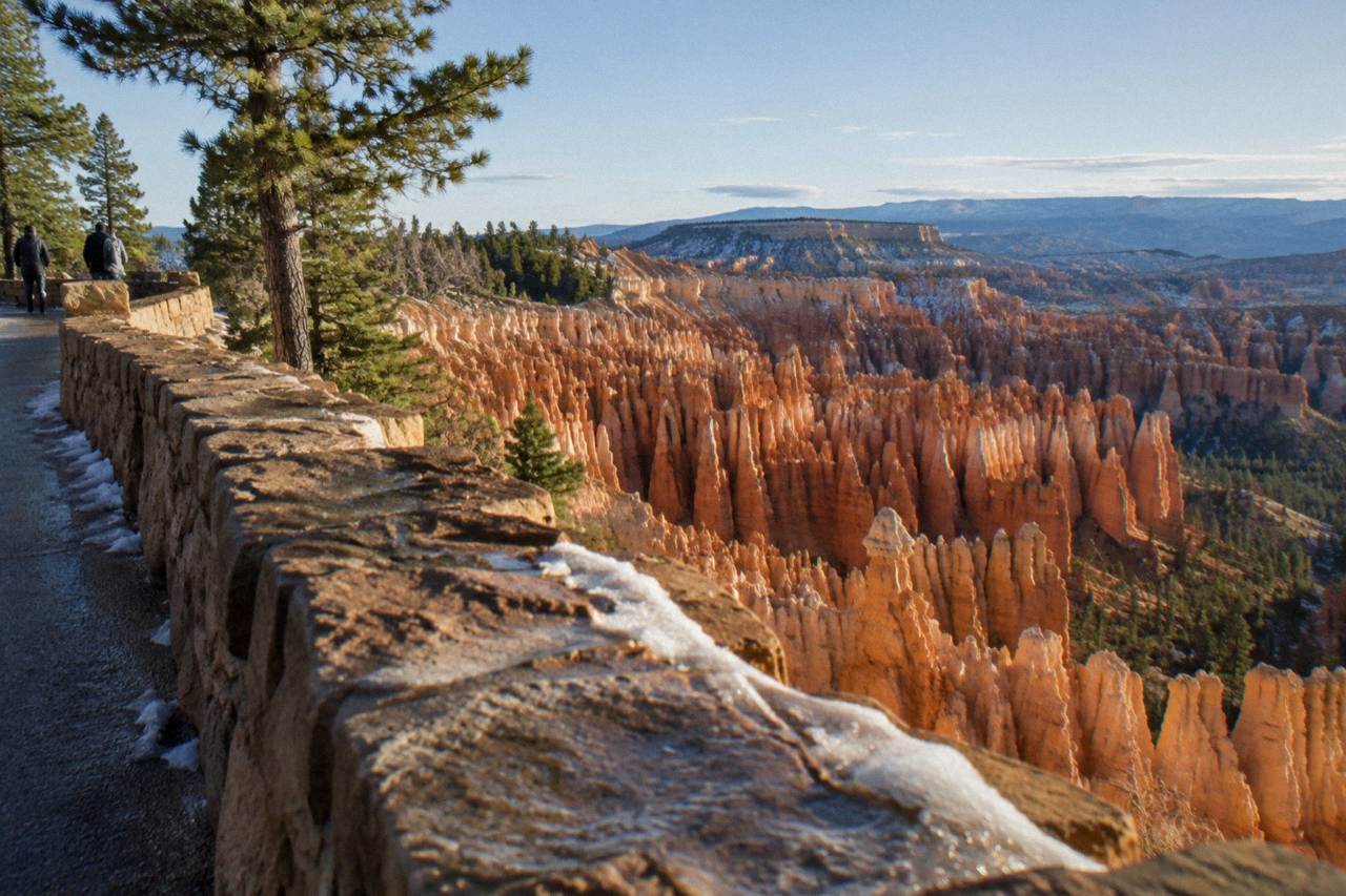 Sunlit hoodoo formations rising below a paved overlook at Bryce Canyon