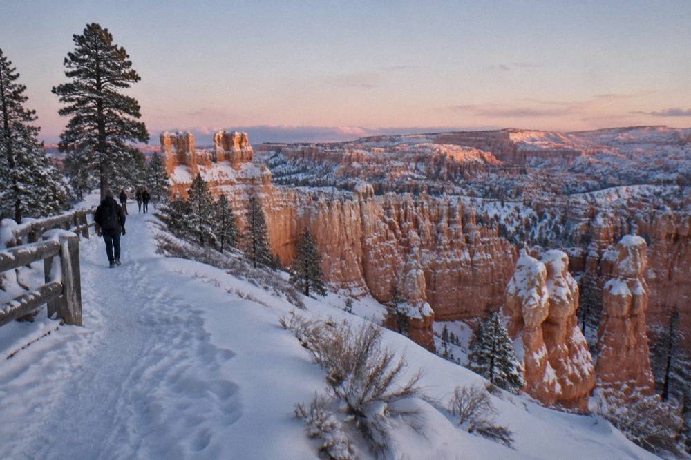 Snow-dusted red hoodoos along a canyon rim in early morning light