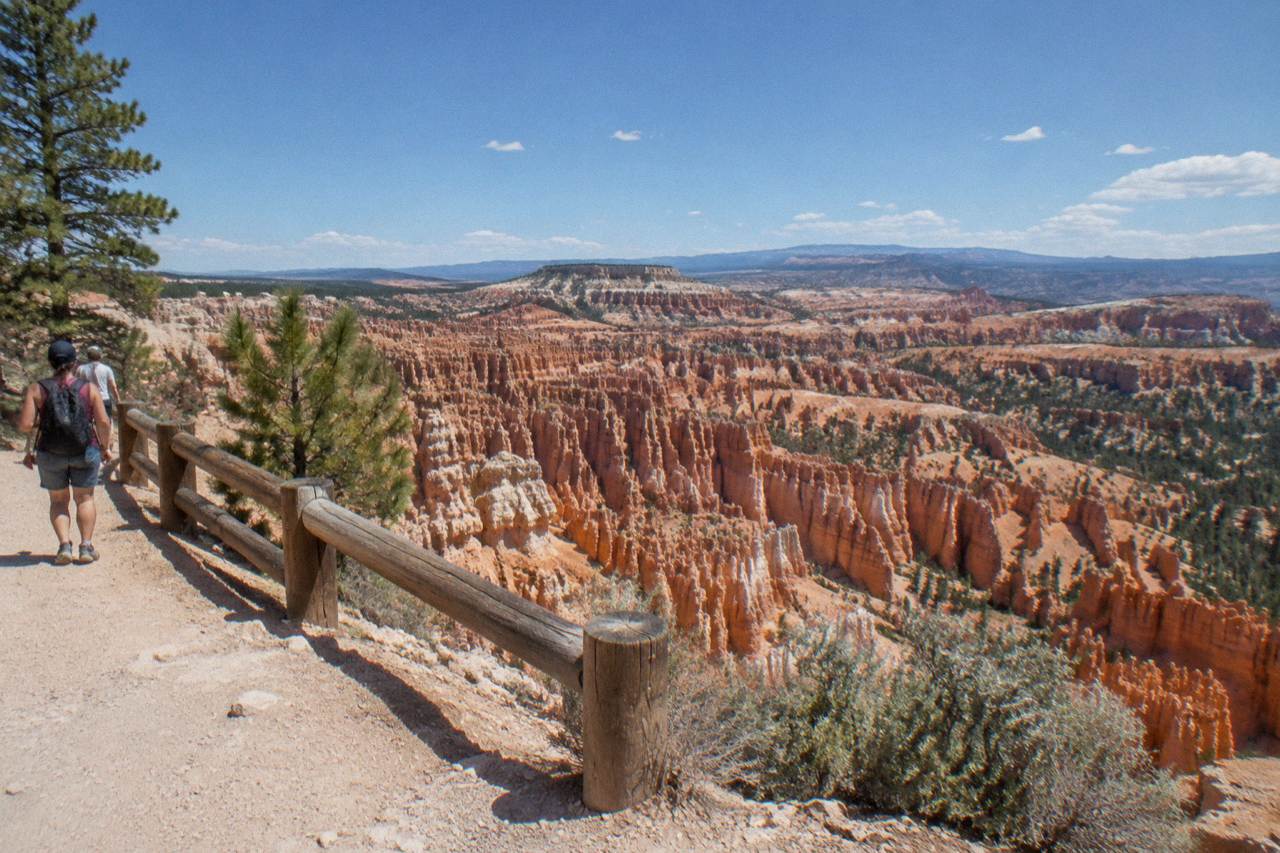 Sunlit hoodoo formations of the Bryce Amphitheater under a wide open sky