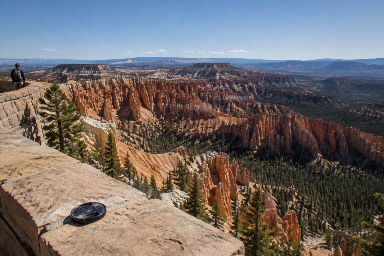Red rock hoodoo formations rising above a pine forest under a wide blue sky