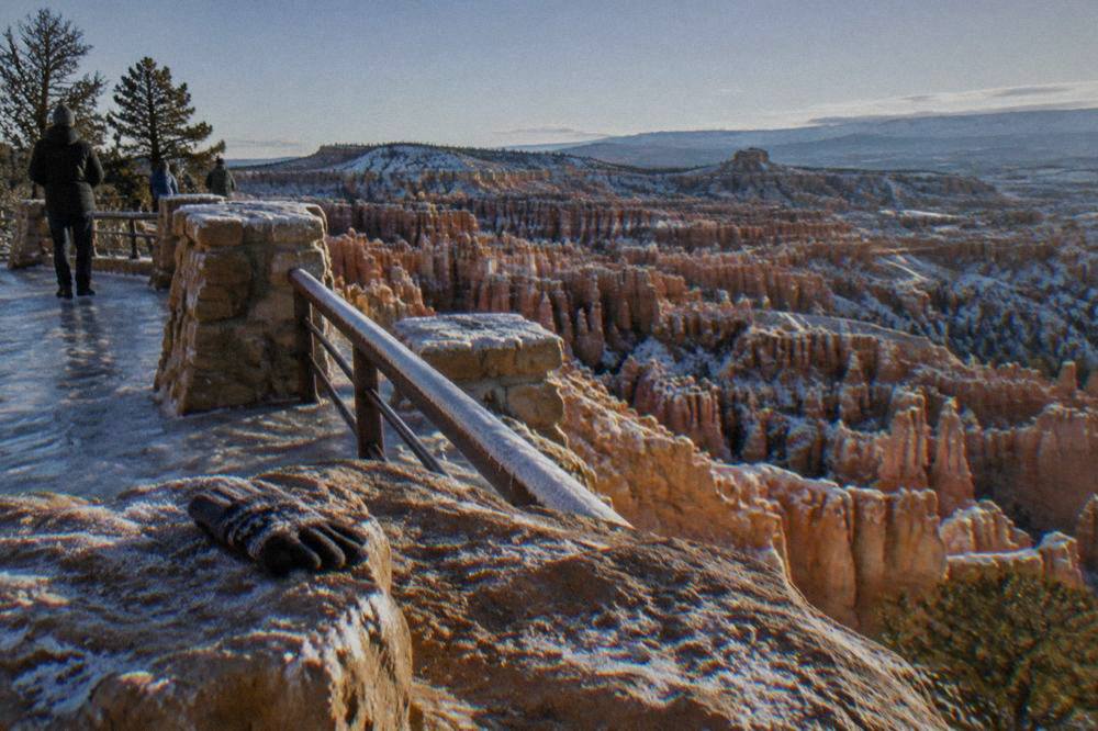 Frost-covered hoodoos along the rim at Bryce Canyon on a cold clear morning