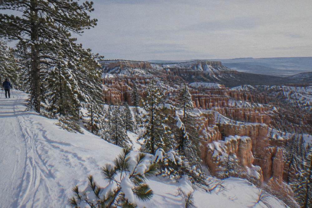 Snow dusting the hoodoo formations along the Bryce Canyon rim in winter