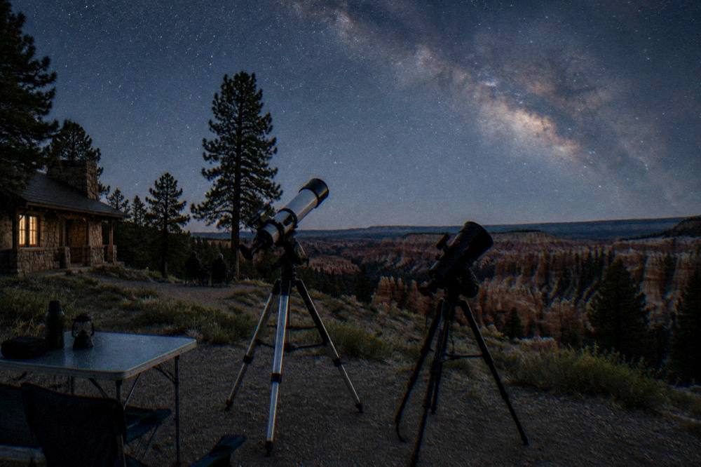 Telescopes set up under a star-filled night sky near Bryce Canyon