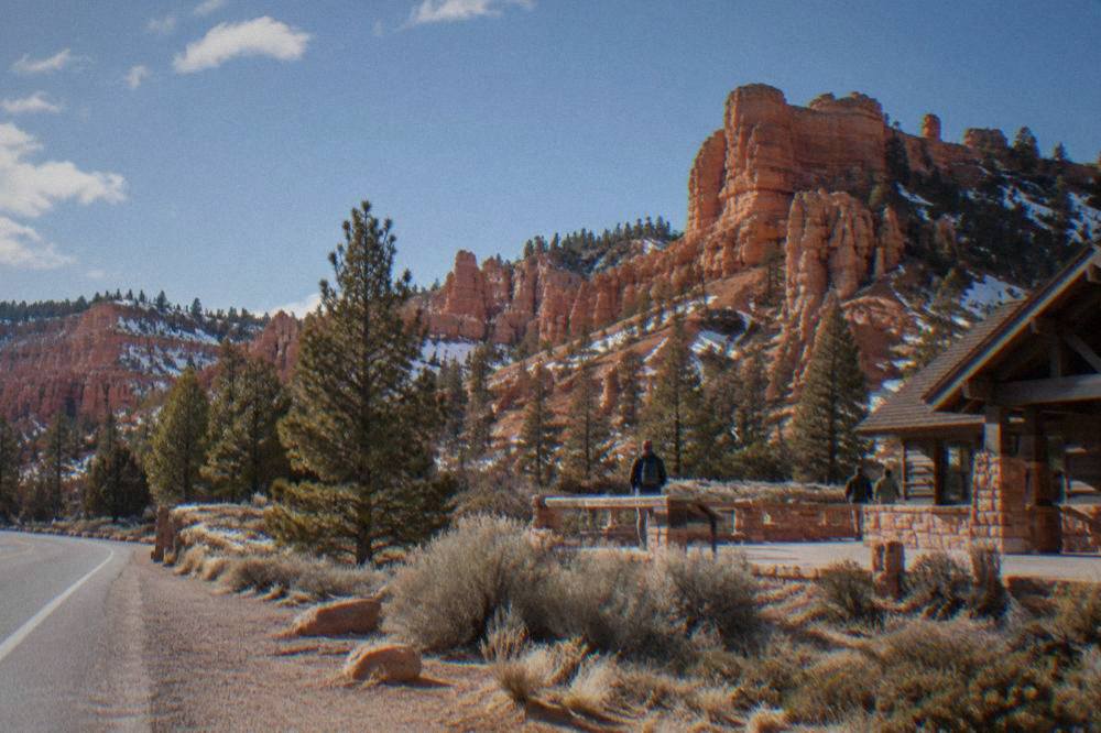 Red rock buttes of Red Canyon along the highway approach to Bryce Canyon