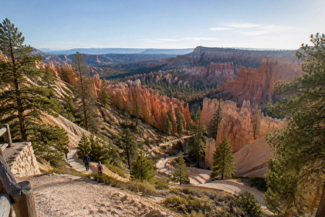 Wide establishing view from above the Queen's Garden trailhead at Sunrise Point, Bryce Canyon National Park, Utah, morning sun flooding the amphitheater, switchback path descending through ponderosa pines